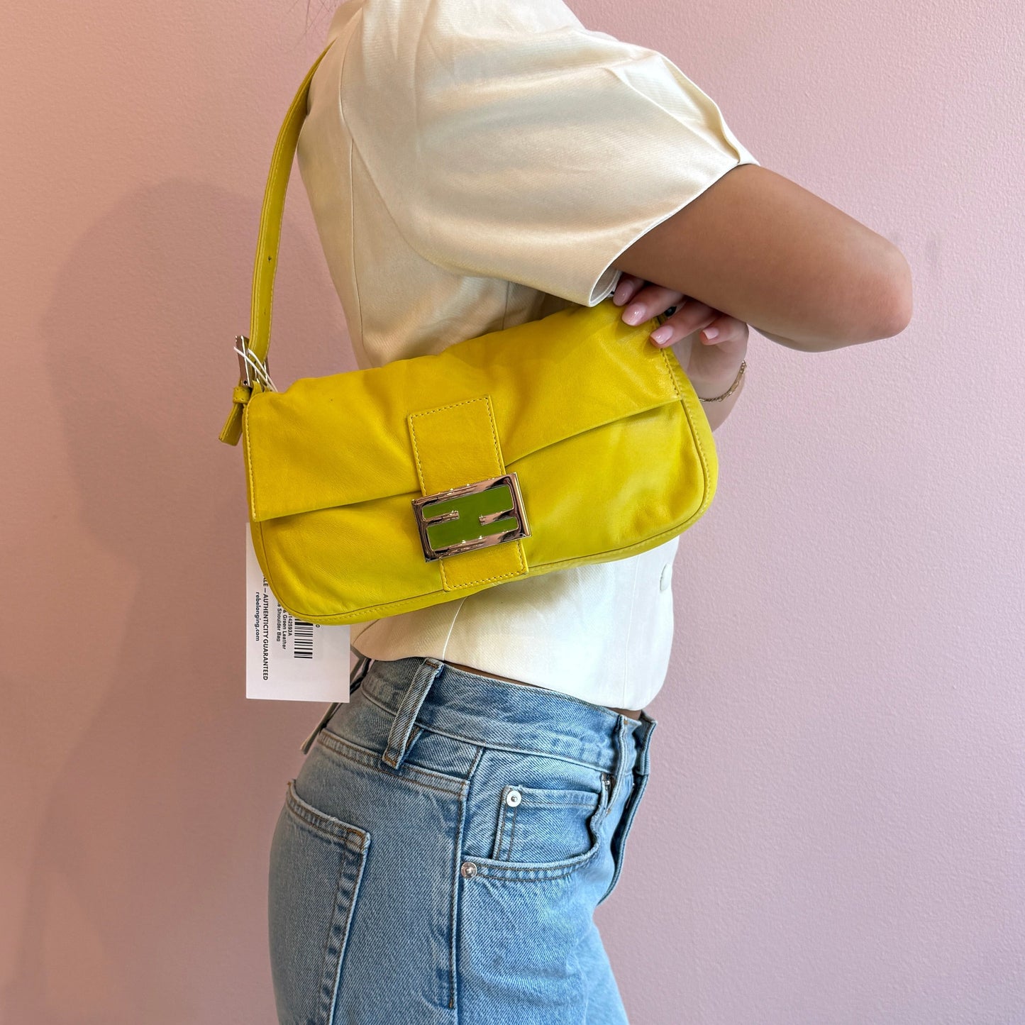 Fendi Yellow & Green Leather Baguette Shoulder Bag