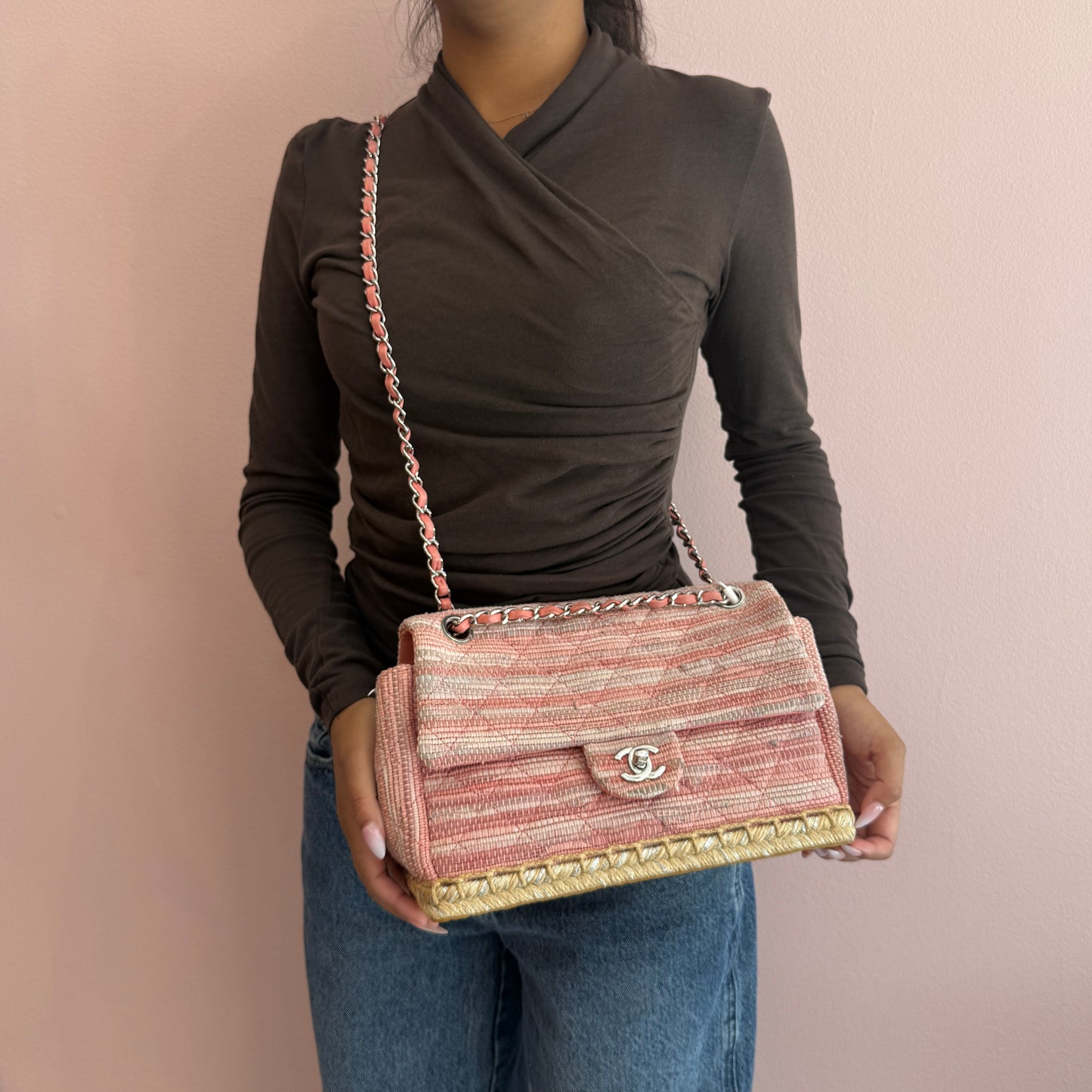 Chanel 2006 Pink Quilted Espadrille Raffia Flap