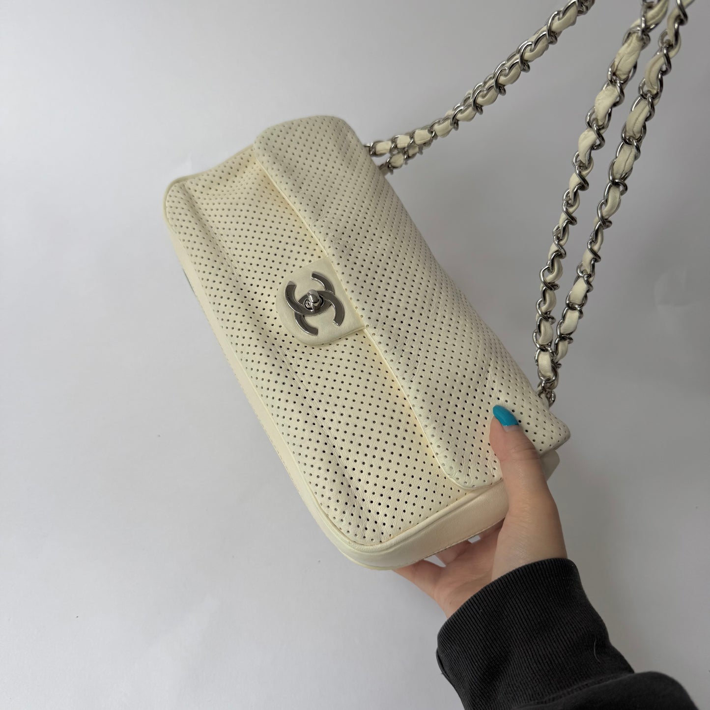 Chanel White Perforated Green Bottom Zipper Flap Bag