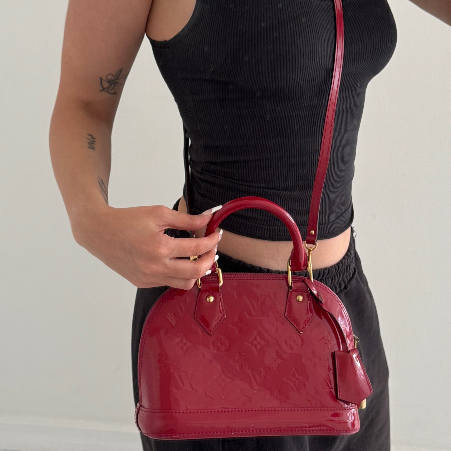 Louis Vuitton Red Vernis Monogram Alma BB w/ Crossbody Strap
