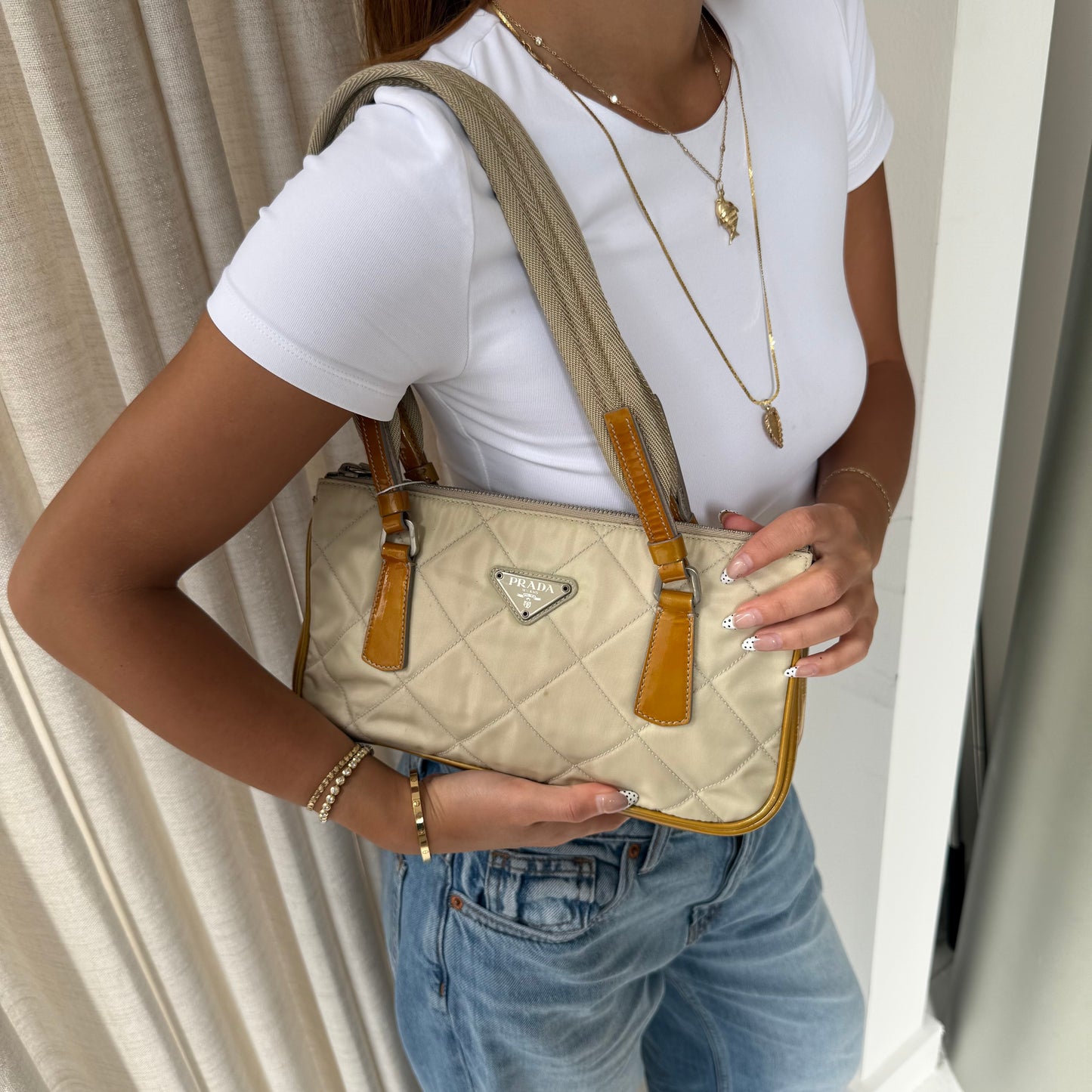 Prada Beige Quilted Shoulder Bag w/ Patent Leather Trim