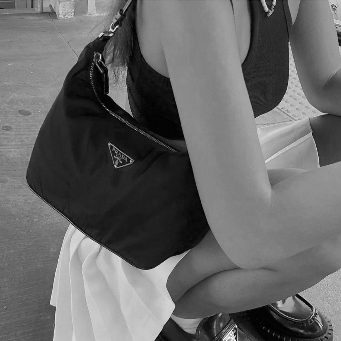 Prada Black Nylon Shoulder Bag w/ White Strap