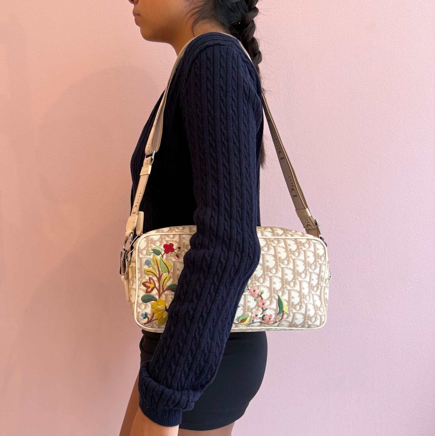 Christian Dior Cream Coated Canvas Trotter Monogram Embroidered Floral Shoulder Bag