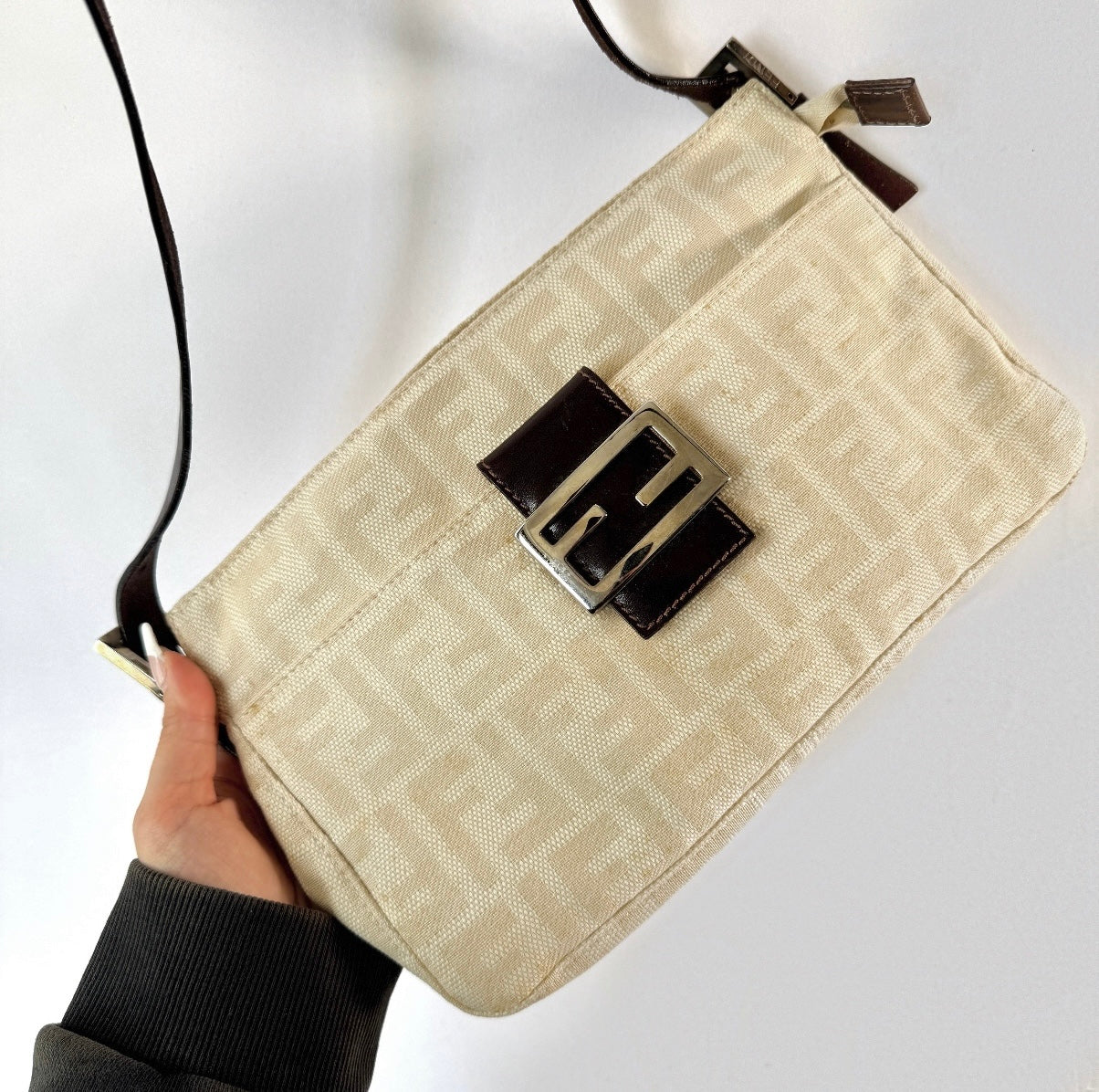 Fendi Cream Canvas Zucca Shoulder Baguette Bag