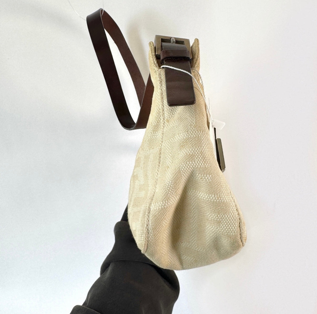 Fendi Cream Canvas Zucca Shoulder Baguette Bag