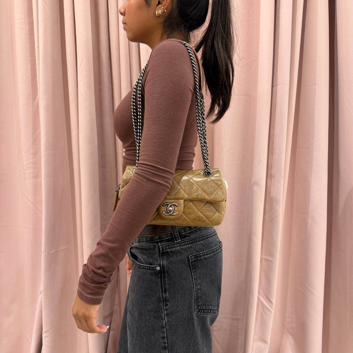 Chanel Tan Leather Small Zip Camera Flap Bag