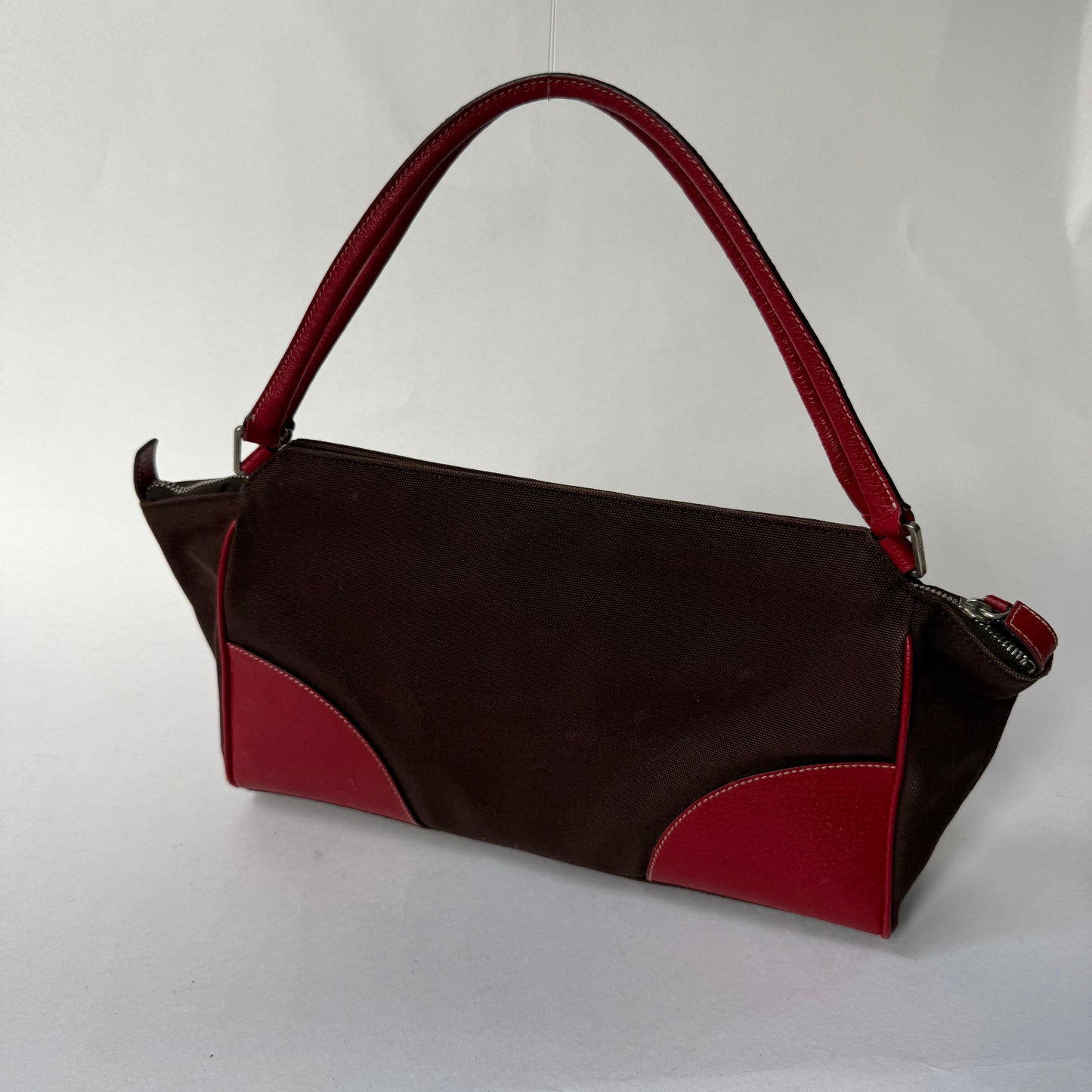 Prada Brown Canvas & Red Leather Shoulder Tote Bag