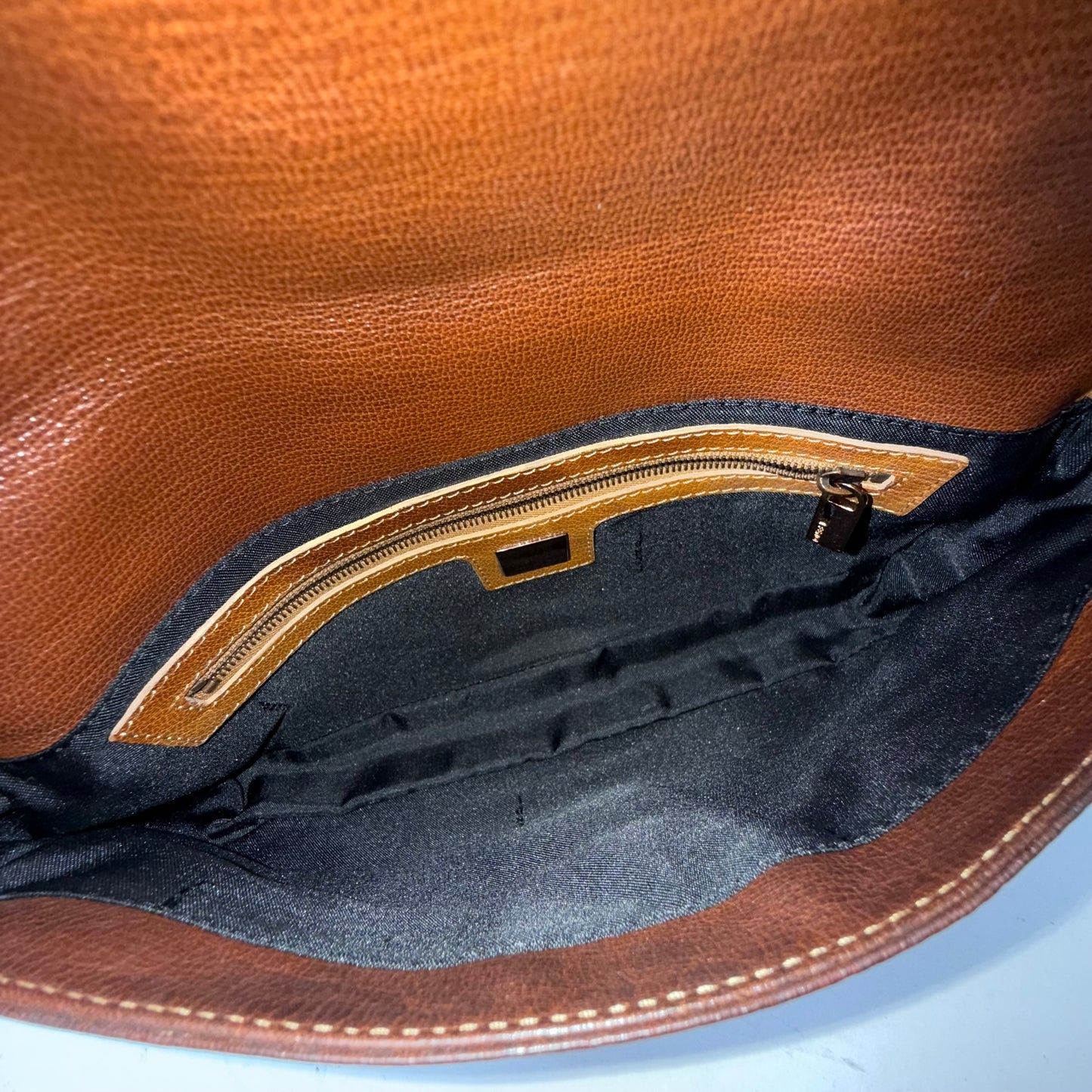 RARE Fendi Brown Leather Patina Black Stone Rose Gold HW Baguette Shoulder Bag