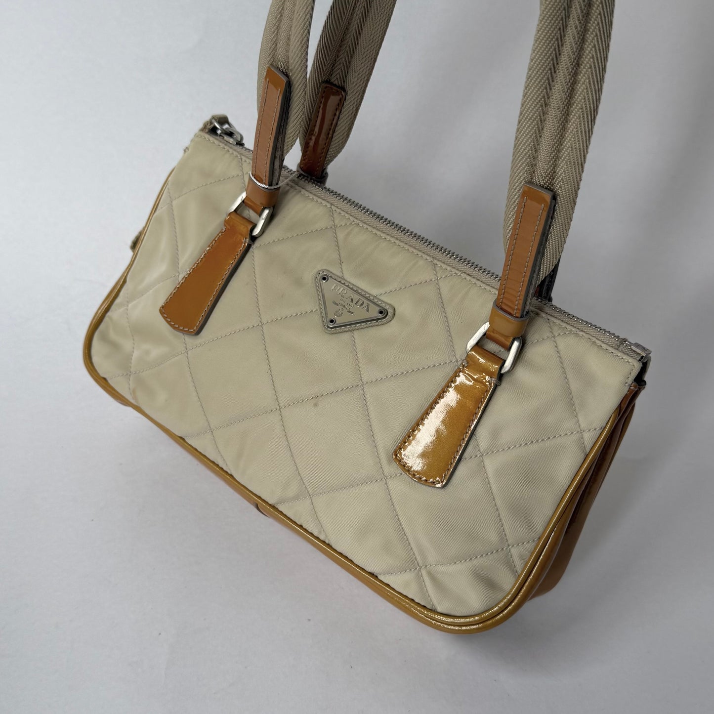 Prada Beige Quilted Shoulder Bag w/ Patent Leather Trim