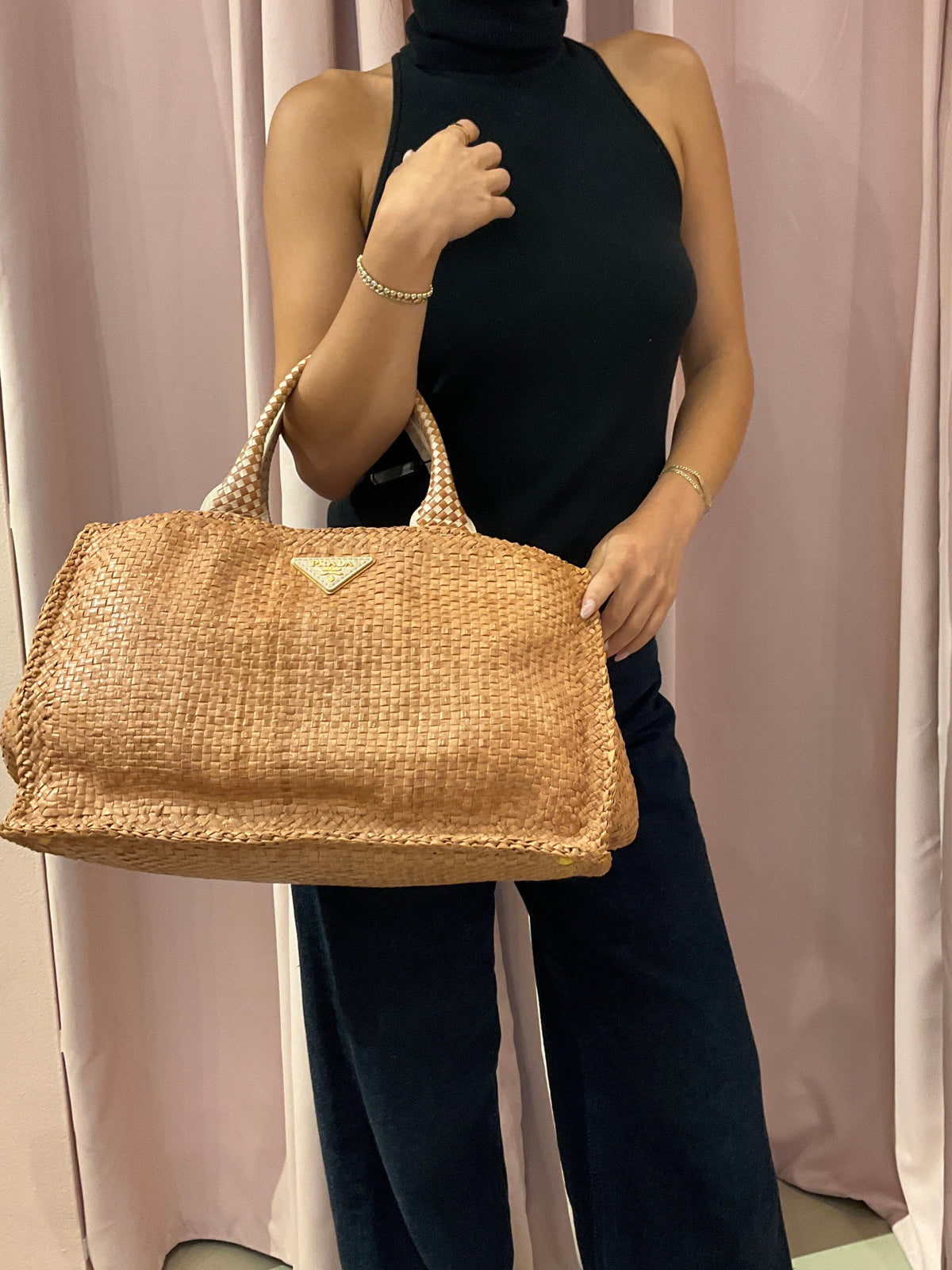 Prada Tan Woven Leather Canapa Tote Bag