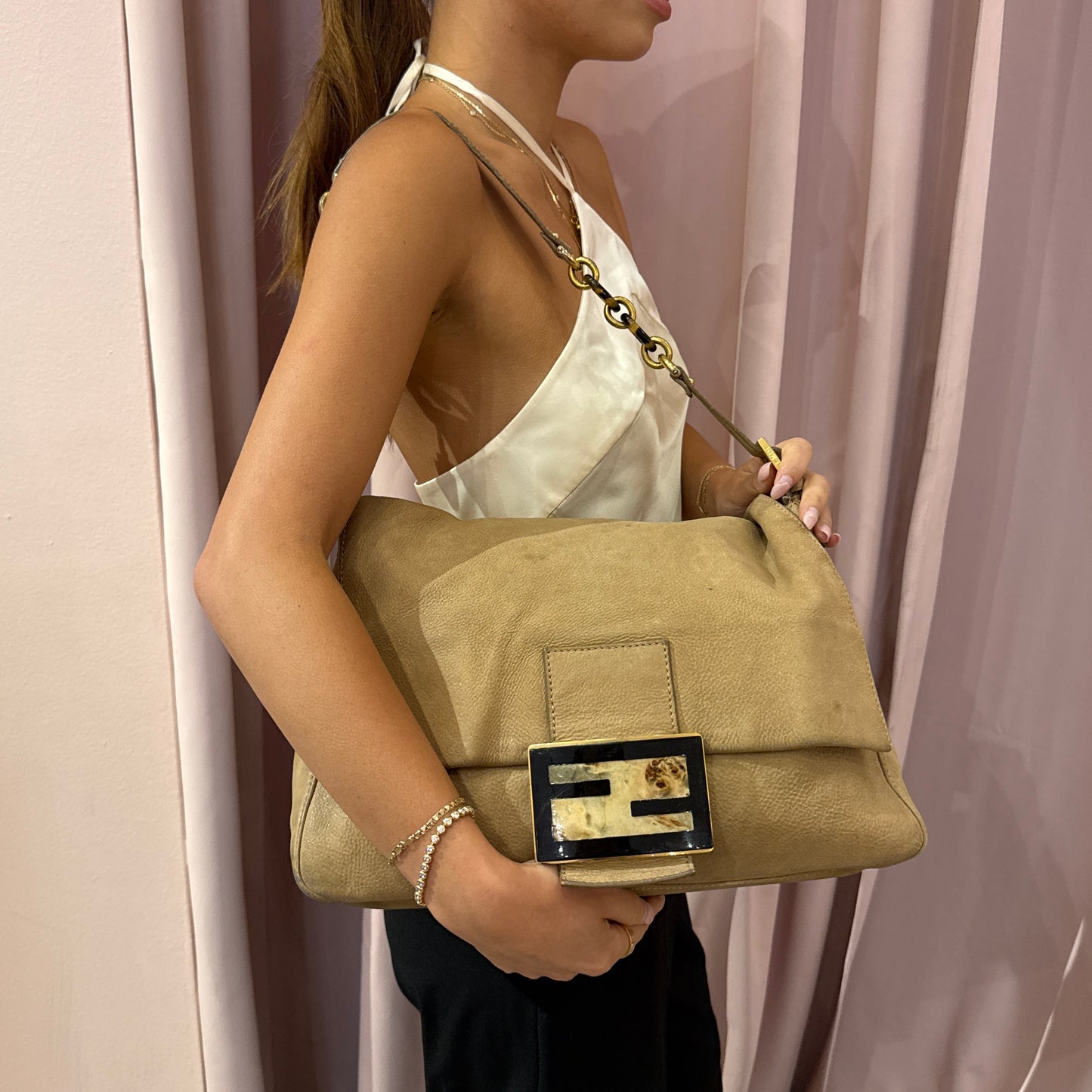 Fendi Brown Leather Jumbo Burl Wood Mamma Baguette