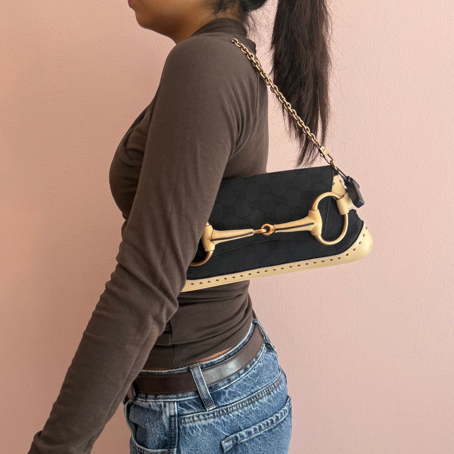 Gucci Black & Beige Canvas & Leather Monogram Mini Horsebit Chain Shoulder Bag
