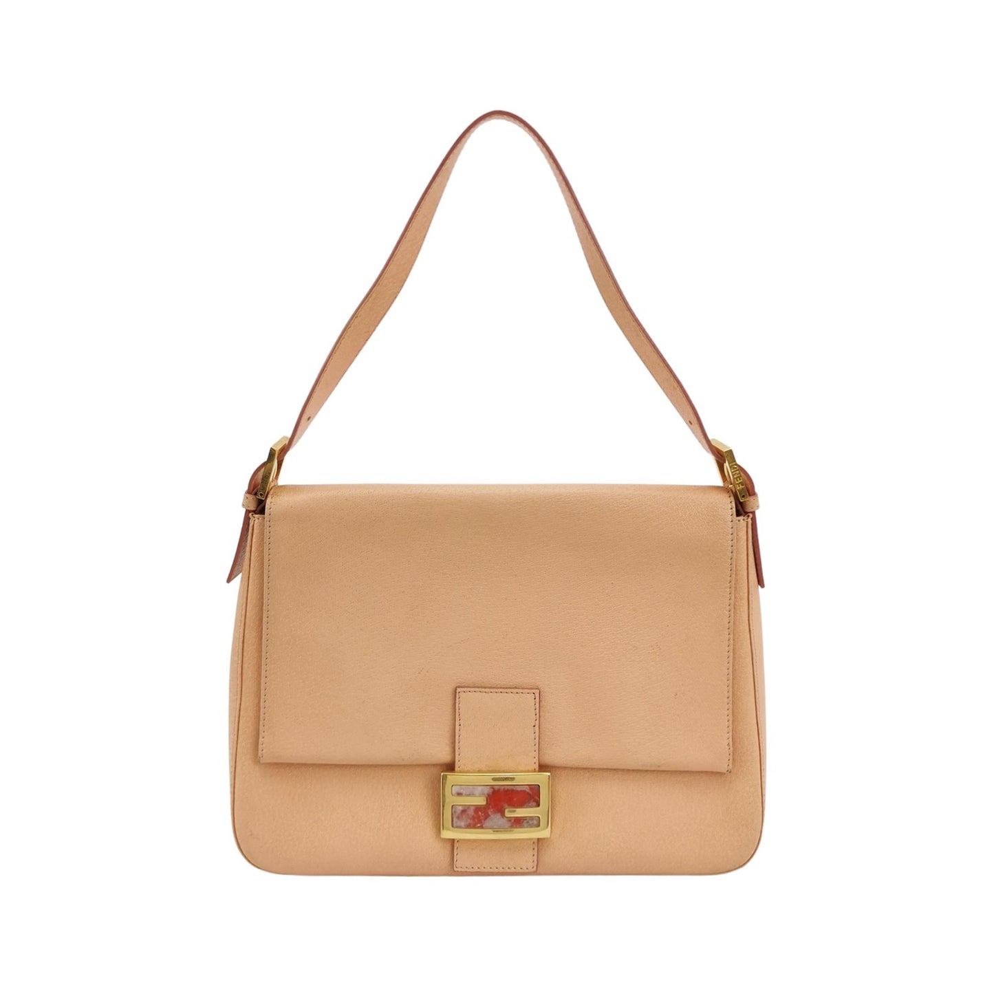 Fendi Peach Pebbled Leather Mama Baguette w/ Stone Plaque