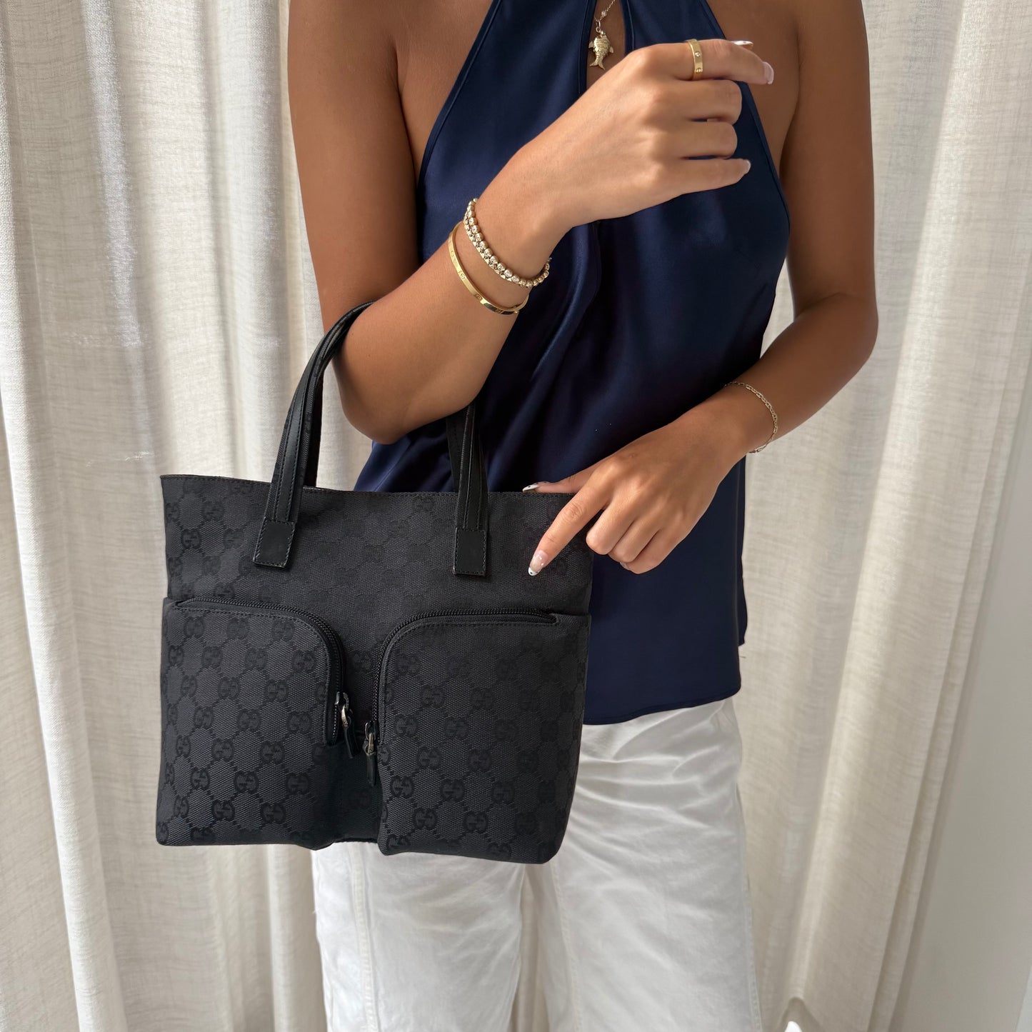 Gucci Black Monogram Double Front Pocket Tote Bag