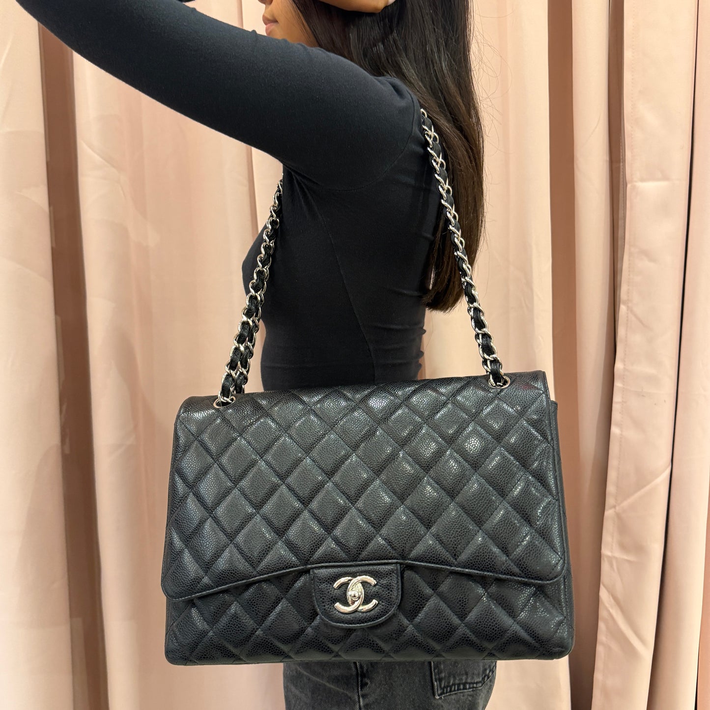 Chanel Black Caviar Leather Quilted Maxi Flap SHW
