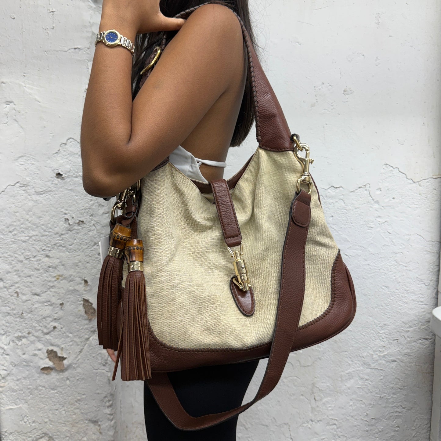 Gucci Beige & Brown Canvas & Leather Monogram Jackie Shoulder Bag