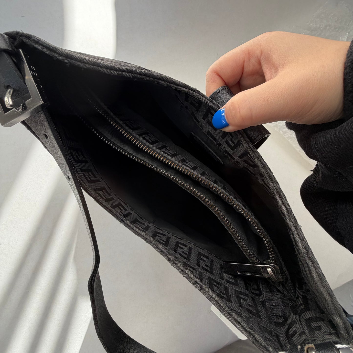 Fendi Black Zucchino Canvas Moon Hobo Bag