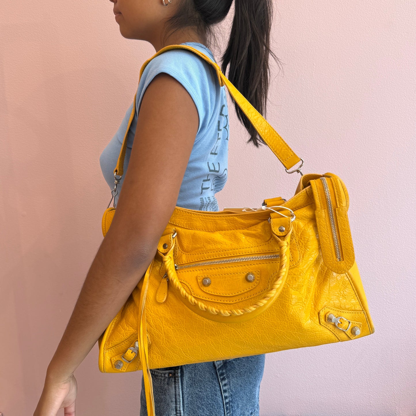 Balenciaga Yellow City Bag Studded Hardware