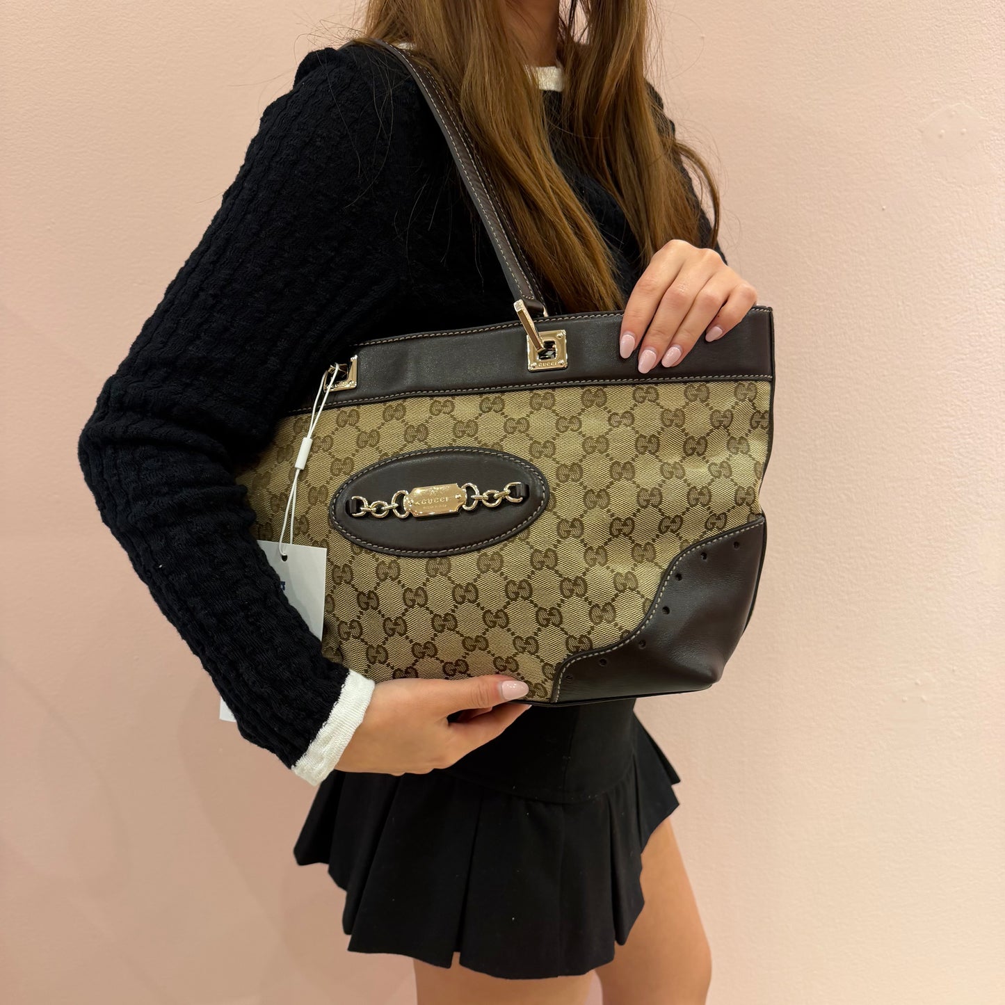 Gucci Brown Canvas & Leather Monogram Punch Tote Bag