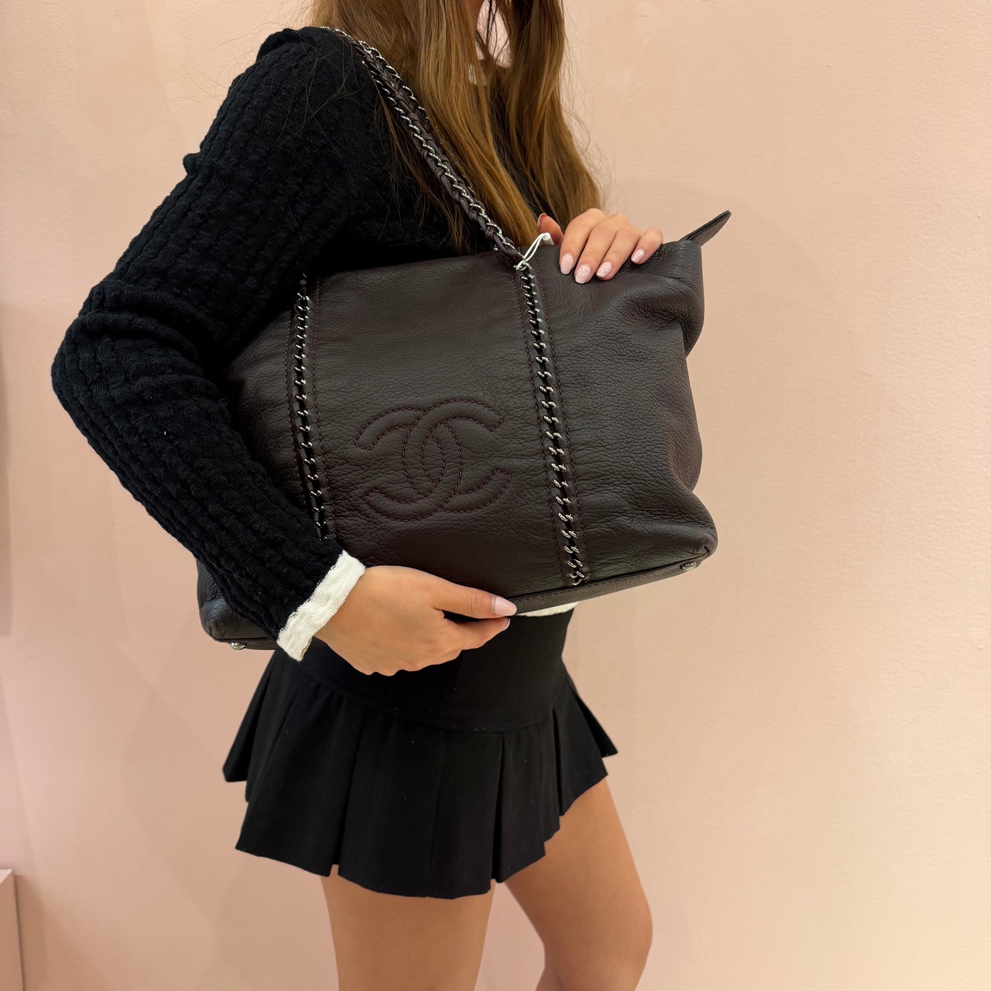 Chanel Brown Lambskin Leather Luxe Ligne Chain Tote bag