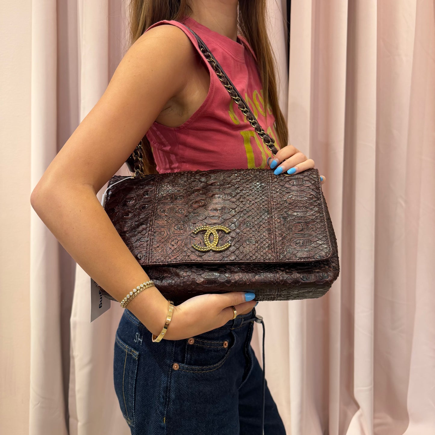RARE Chanel Burgundy Tortoise Printed Python Shoulder Bag