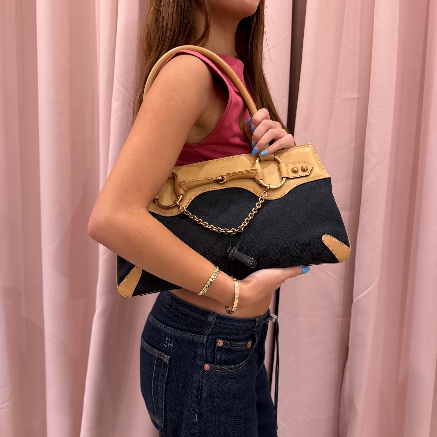 Gucci Black Canvas & Beige Leather Horsebit Tote Bag