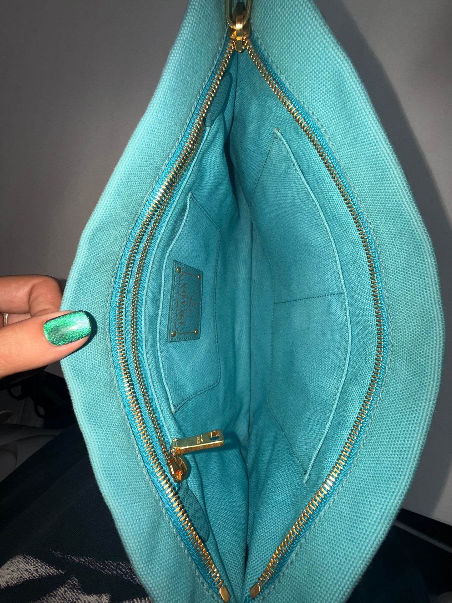 Prada Light Blue Canvas Studded Clutch