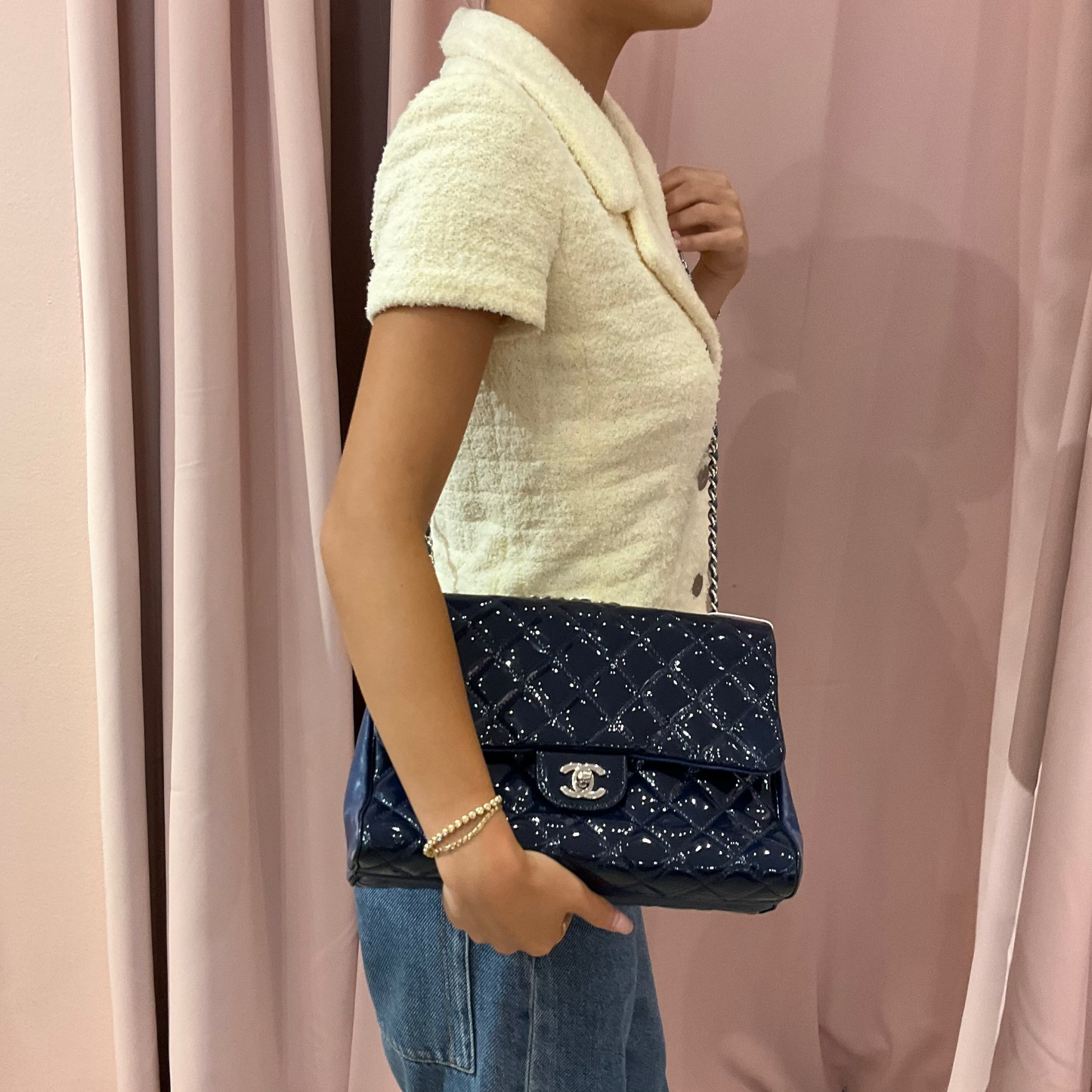 Chanel Blue Patent & Lambskin Leather Interwoven Chain Flap Shoulder Bag
