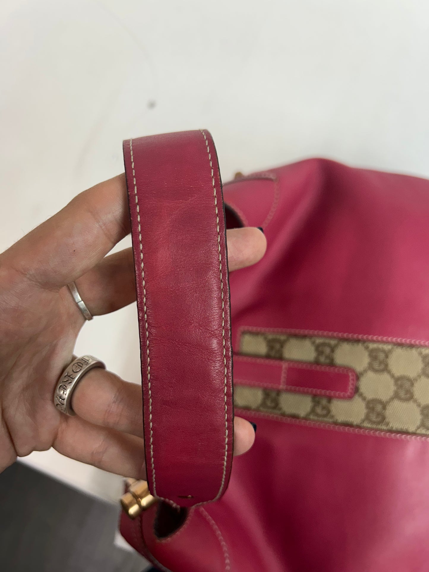 Gucci Pink Leather Bardot Monogram Detail Shoulder Bag