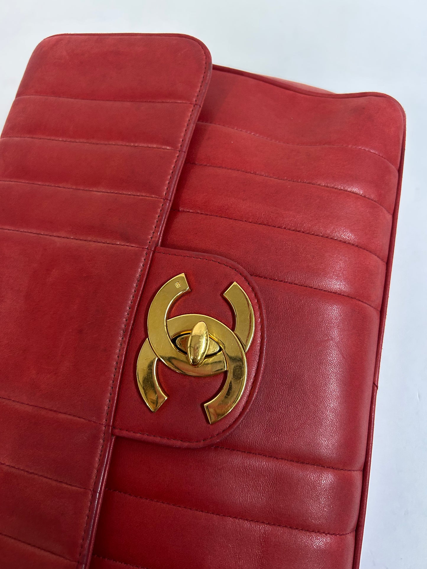 Chanel Red Lambskin Leather Vertical Quilted Jumbo Flap GHW