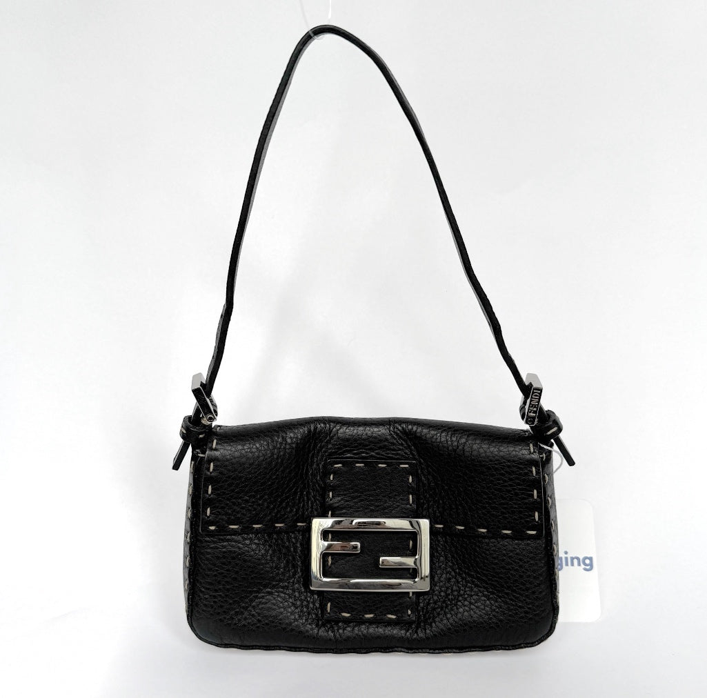 Fendi Black Pebbled Leather Selleria Mini Baguette