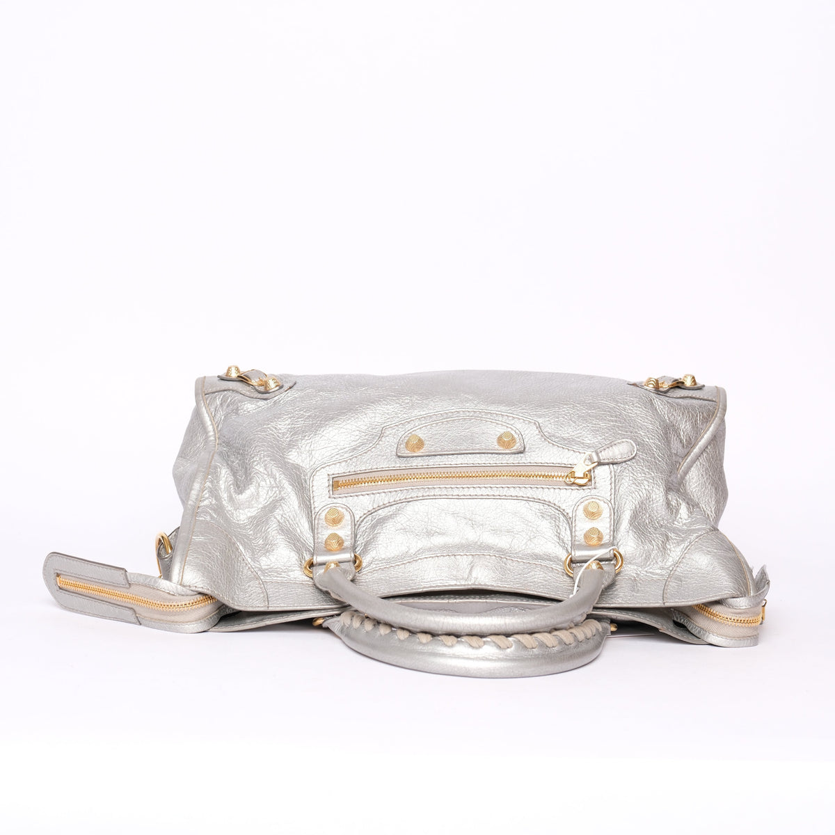 Balenciaga Silver Leather City Bag w/ Gold Hardware