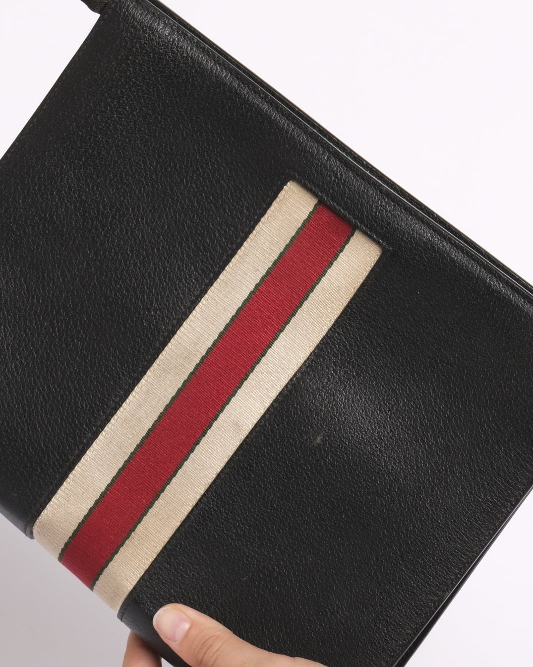 Gucci Black Leather Web Zip Clutch