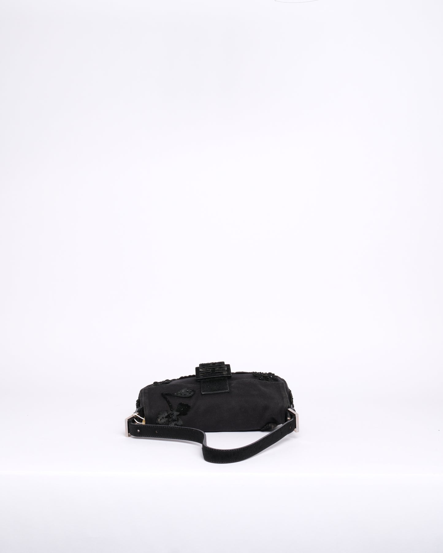 Fendi Black Neoprene & Pony-Hair Beaded Embroidered Floral Baguette