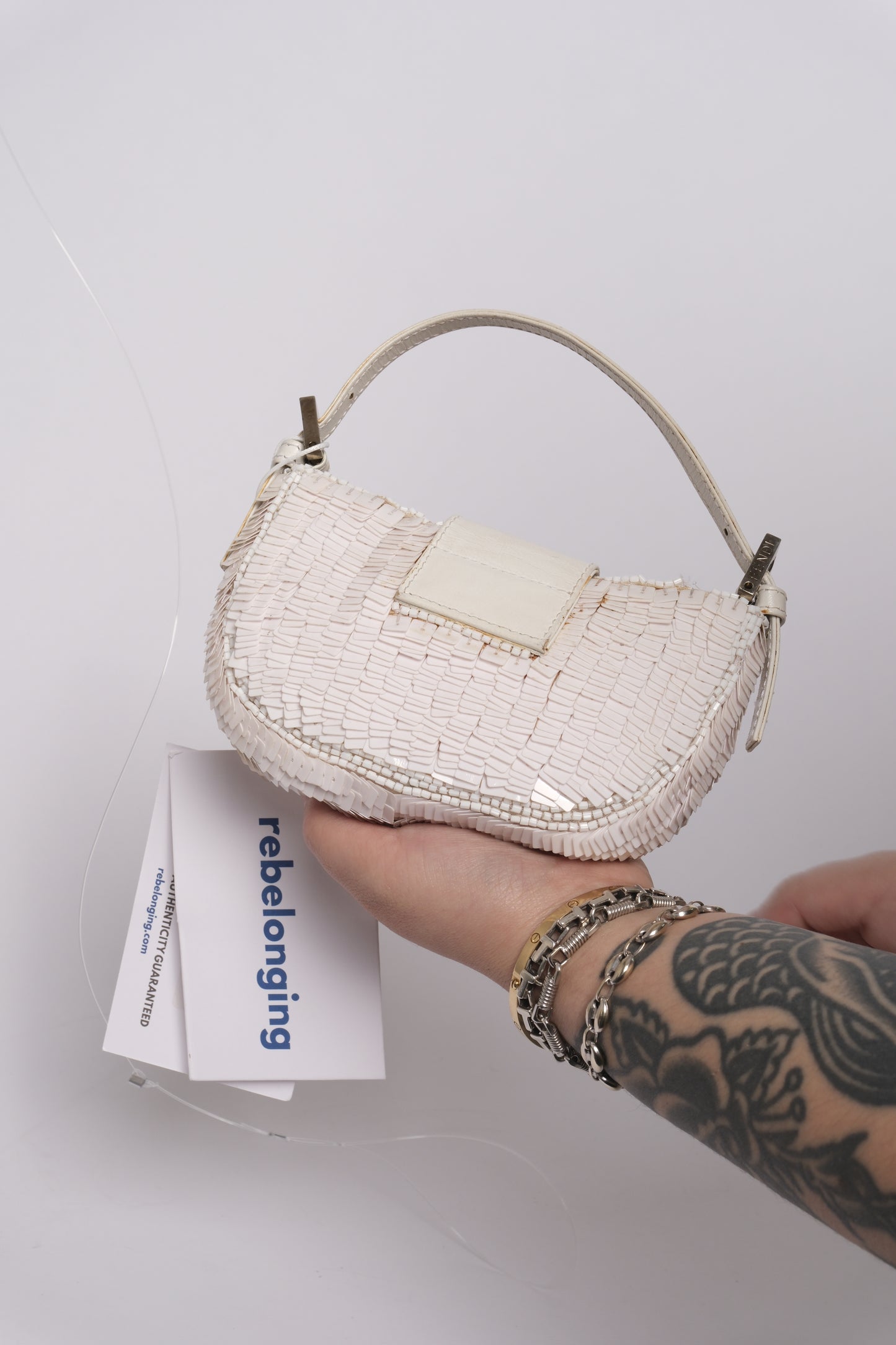 Fendi White Sequin & Leather Mini Croissant Top Handle Bag