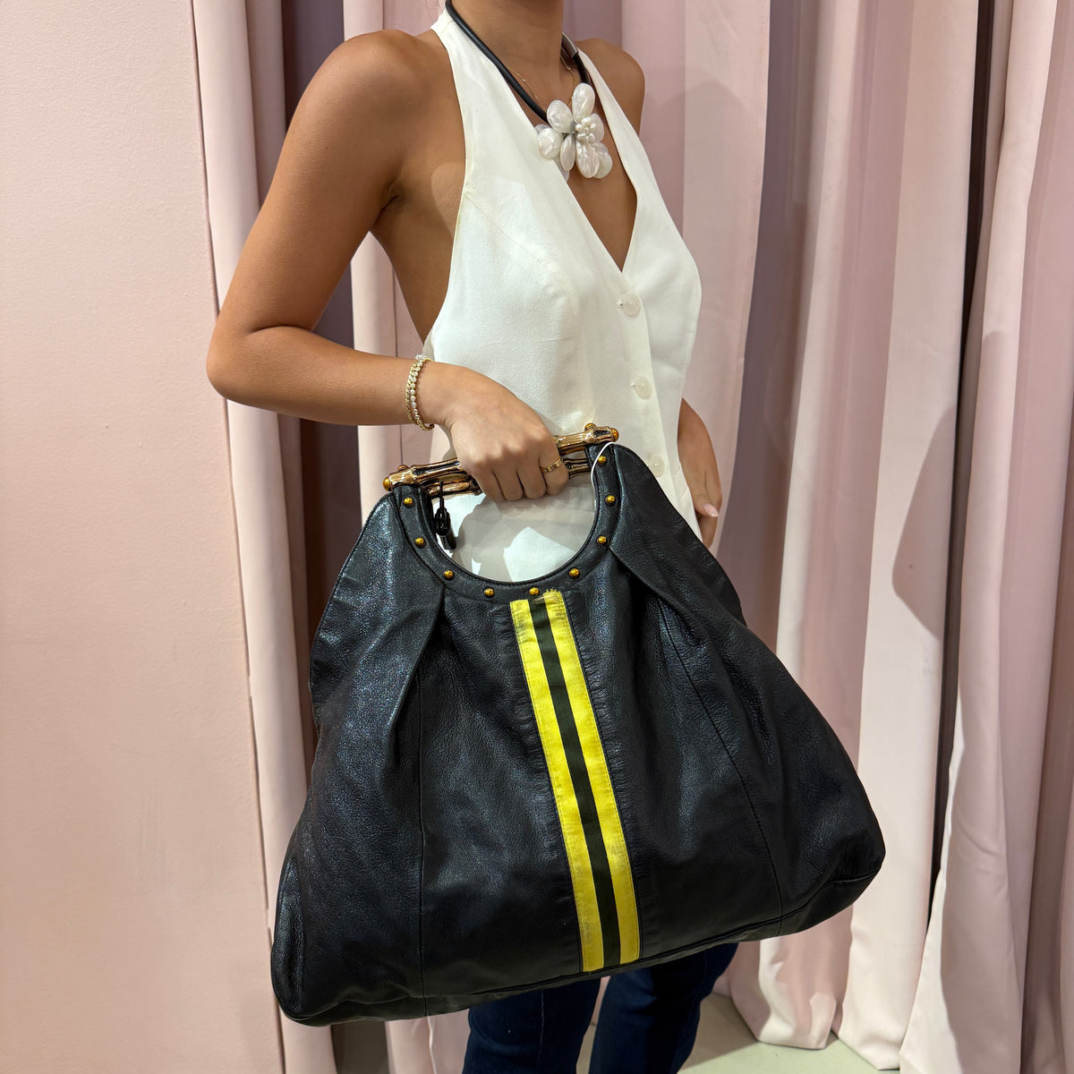 Gucci Black Yellow Striped Bamboo Handle Bag