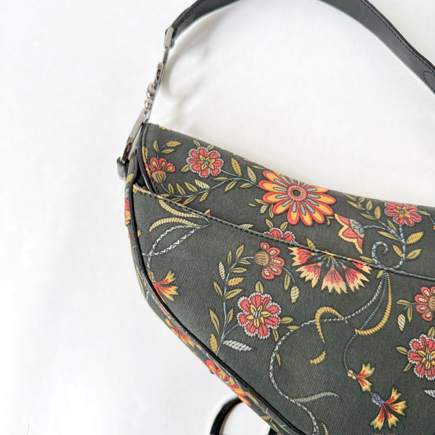 Christian Dior Black Canvas Floral Saddle Bag