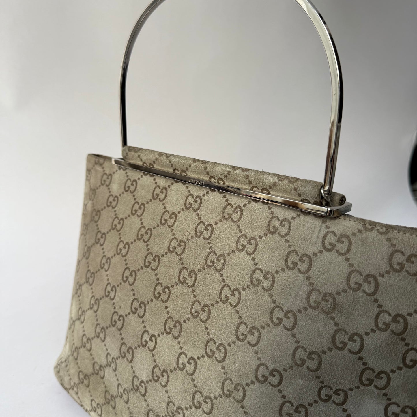 Gucci Beige Suede Monogram SIlver Top Handle Bag