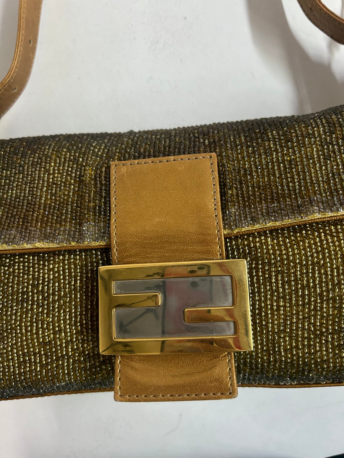 Fendi Gold Beaded & Leather Baguette Shoulder Bag