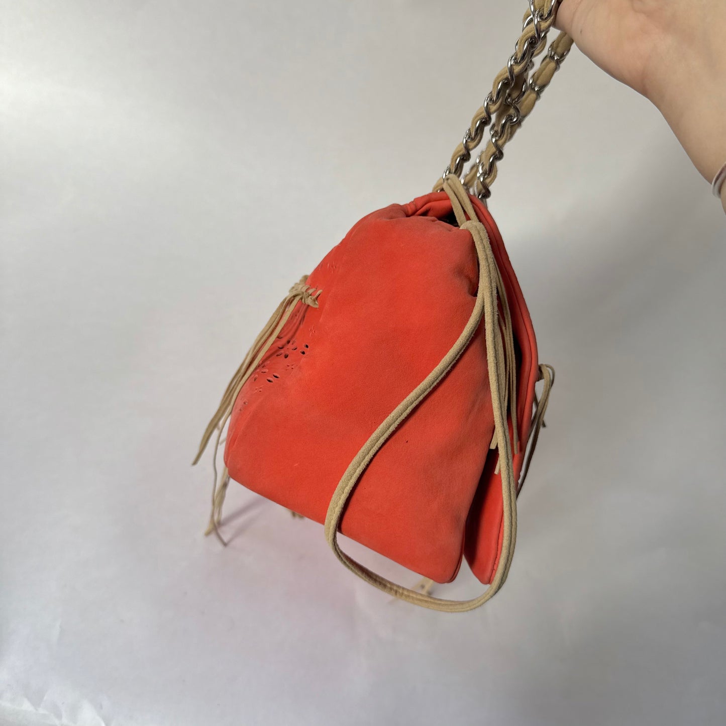 Chanel Orange Suede Perforated Fringe Flap Shoulder Bag