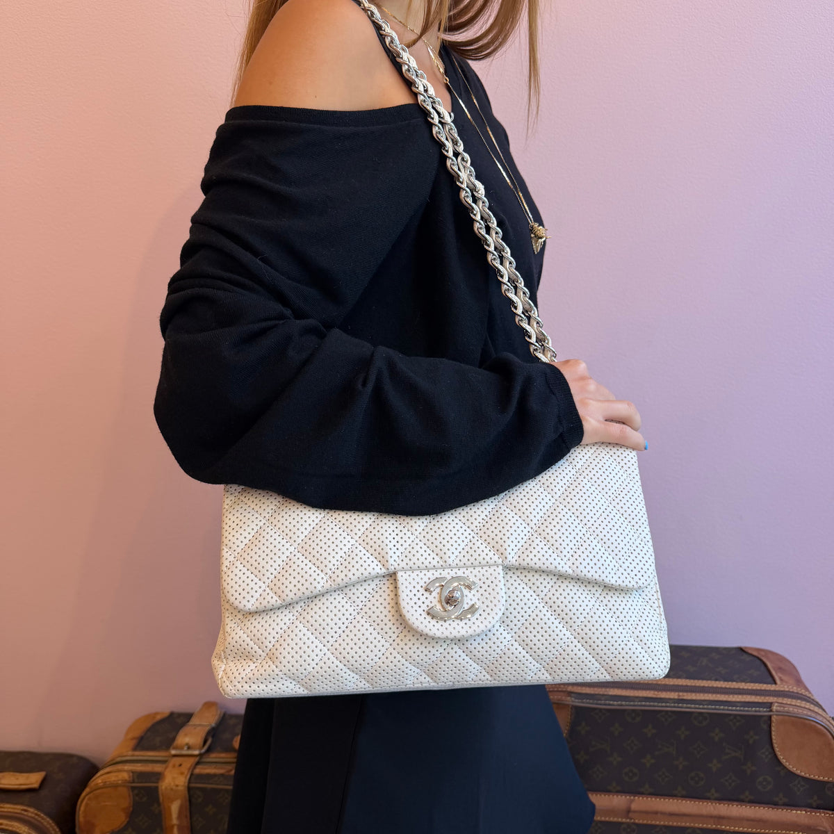 Chanel White Lambskin Leather Perforated Flap Shoulder Bag SHW