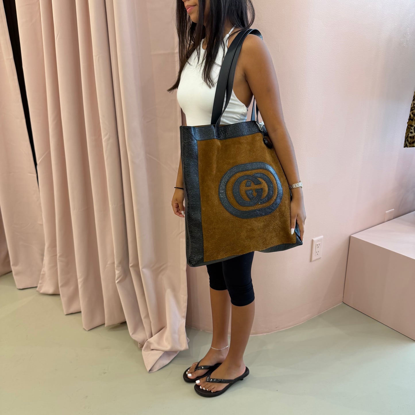 Gucci Ophidia Brown & Black Suede Patent Leather Jumbo Shopping Tote