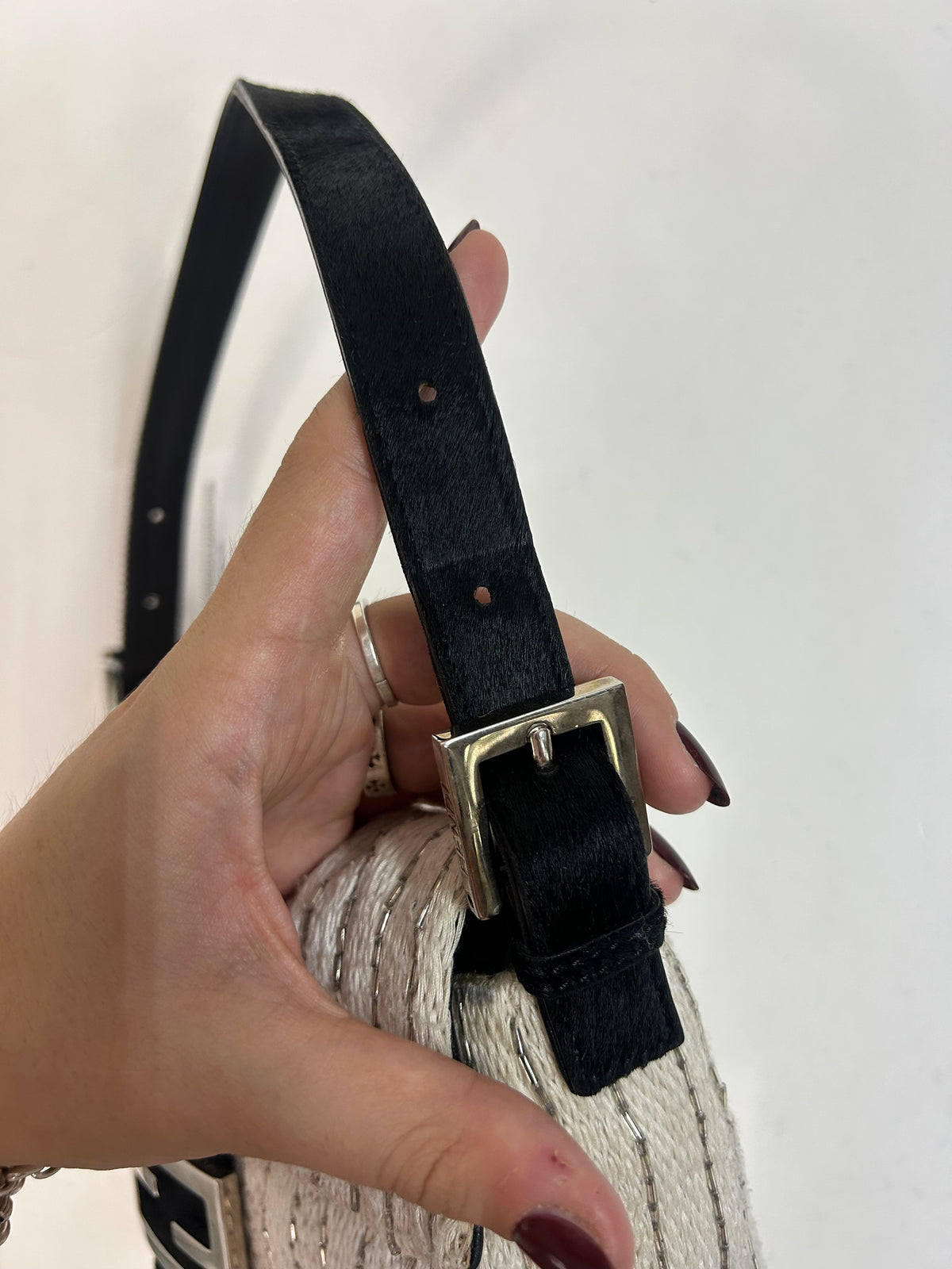 Fendi Ivory Knit Beaded & Ponyhair Baguette Shoulder Bag