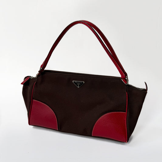 Prada Brown Canvas & Red Leather Shoulder Tote Bag