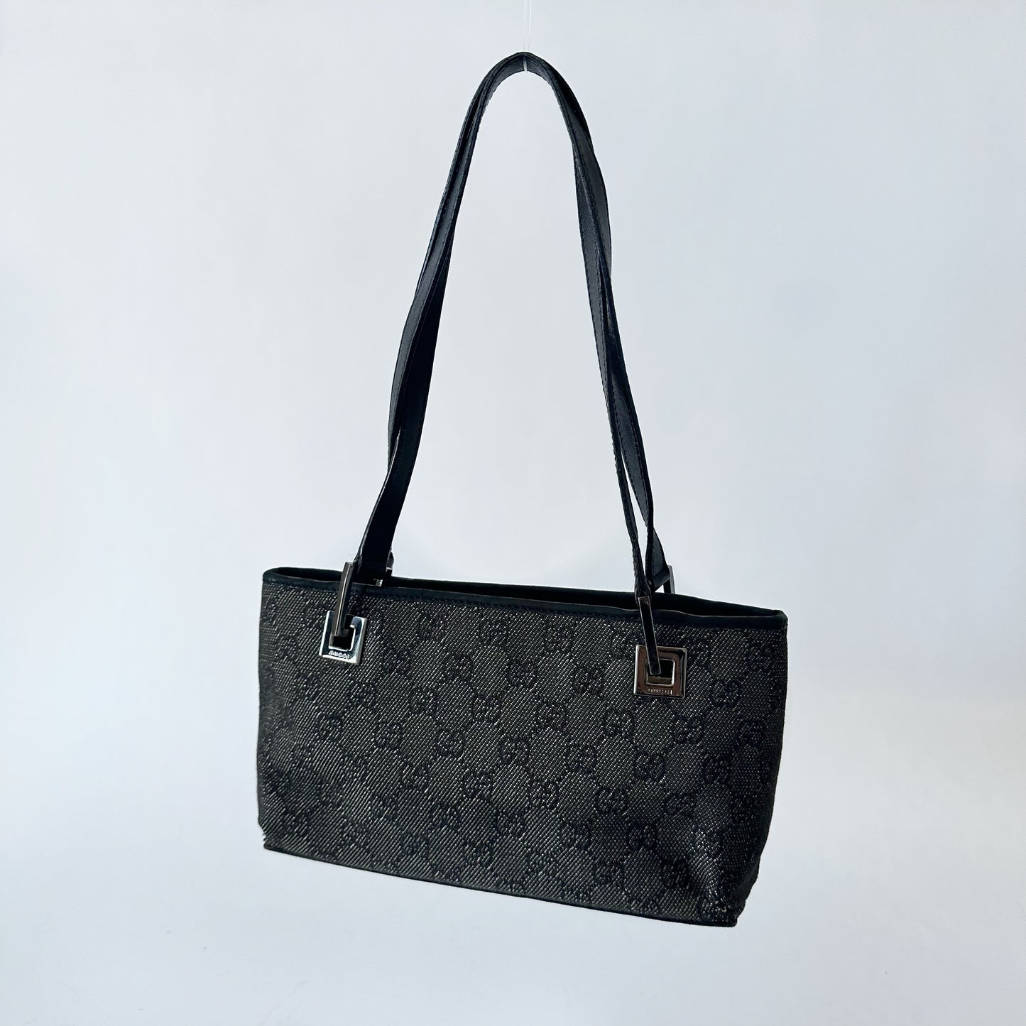 Gucci Black Denim Monogram Shoulder Bag w/ Leather Strap