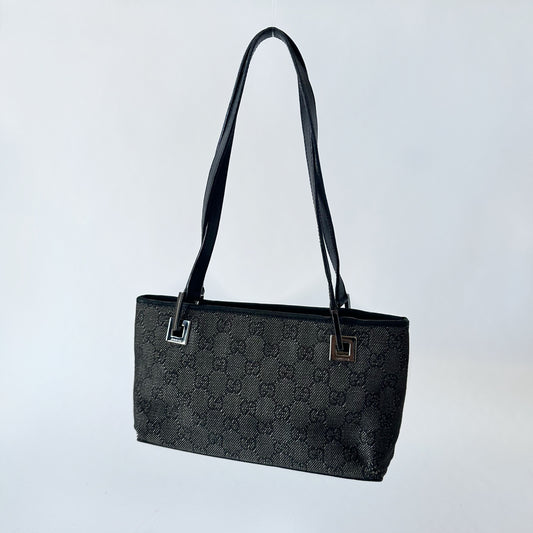 Gucci Black Denim Monogram Shoulder Bag w/ Leather Strap