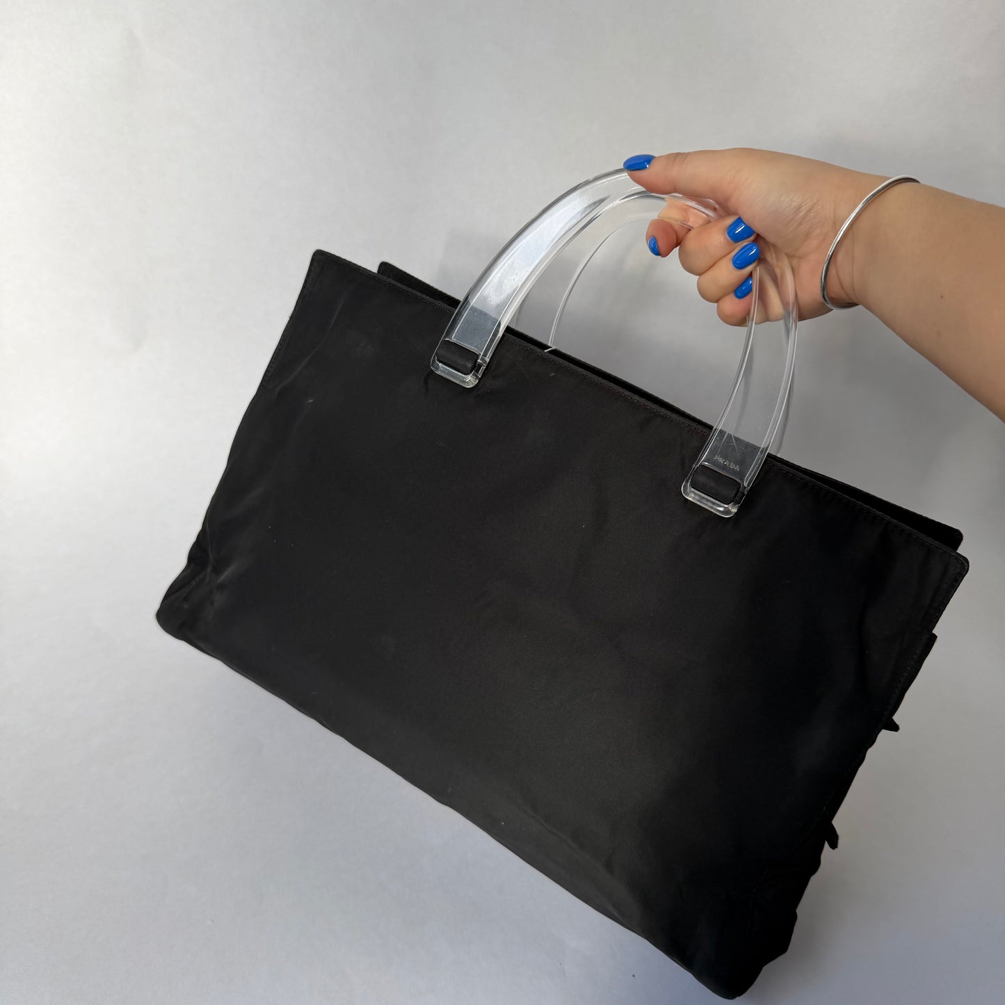 Prada Black Nylon Long Tote w/ Acrylic Handle