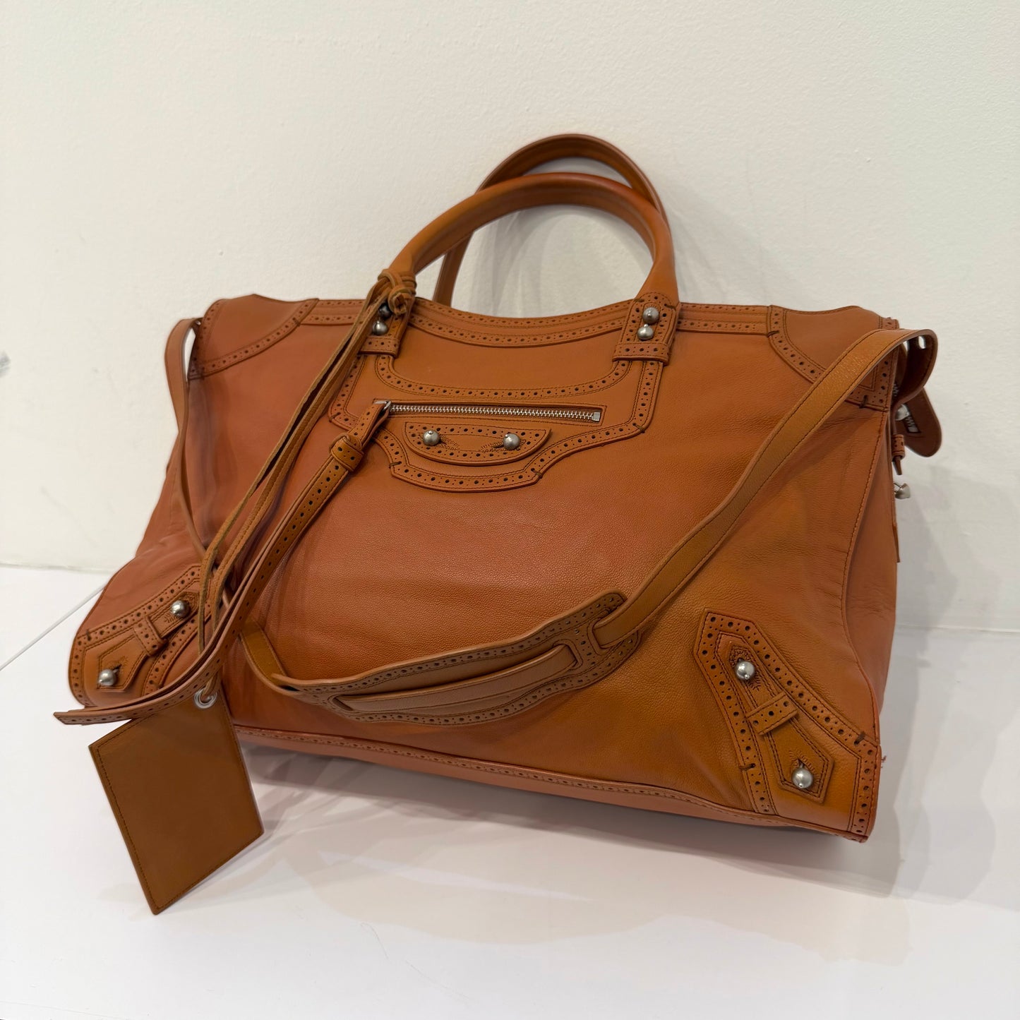 Balenciaga Ltd Edition Congac Lambskin Leather Riva Brogue Trim City Bag