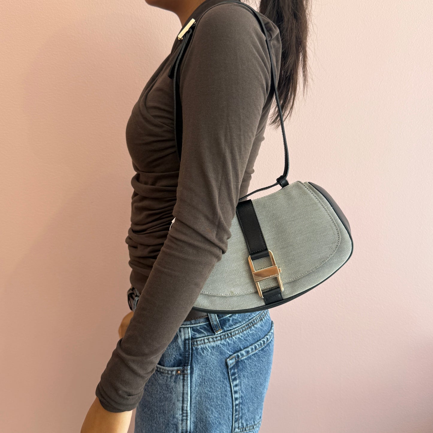 Gucci Gray & Black Canvas & Leather Shoulder Bag
