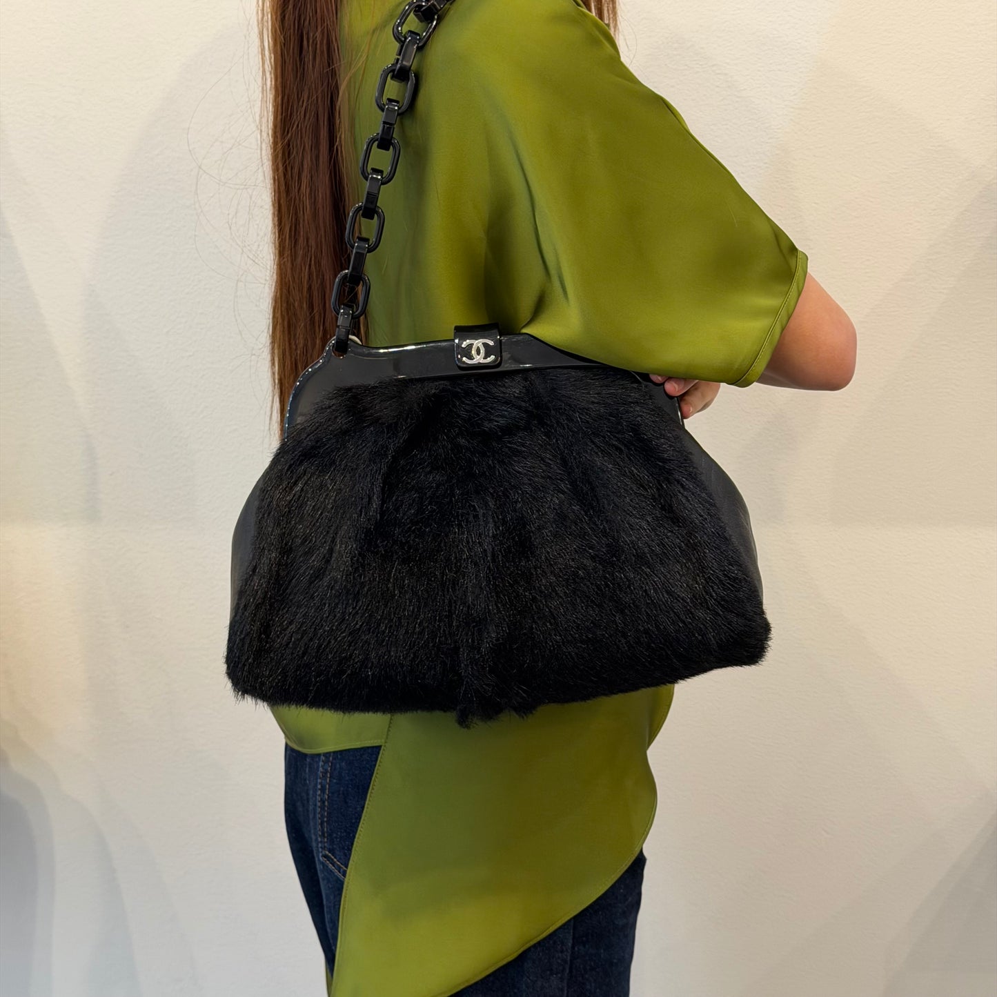 Chanel Black Fur Frame Shoulder Bag w/ Plastic Strap
